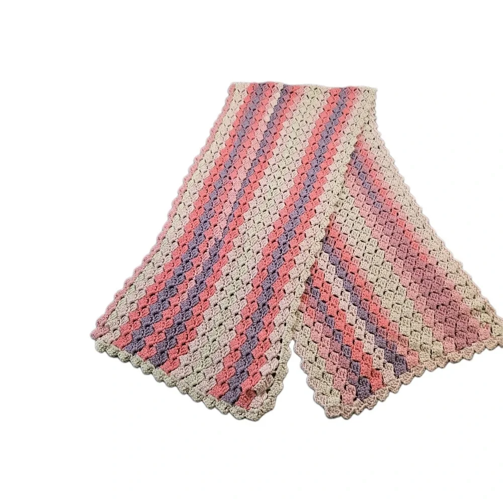 Long Handmade Crocheted Striped Design Shawl Lap Blanket Rectangular 18